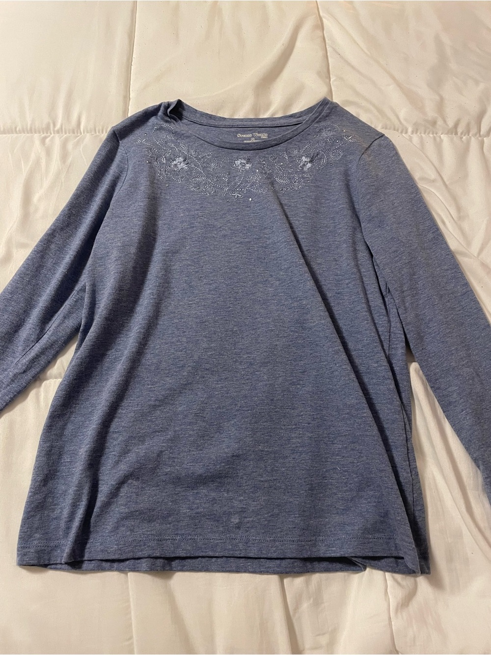 Studio Works Blue Scoop Neck Long Sleeve Sweater with Embroidered Yoke